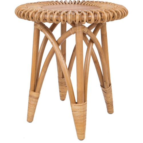 Alani Round Side End Table in Honey Brown Finish Wood & Rattan